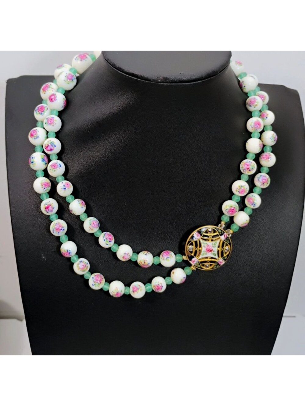 Hand Painted Rose Bead Necklace w/Champleve Enamel Clasp Double Strand